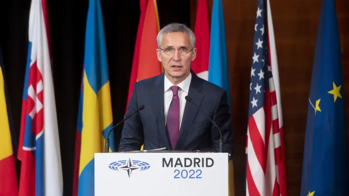 MADRID, SPAIN - NOVEMBER 21: North Atlantic Treaty Organization (NATO) Secretary General Jens Stoltenberg speaks during the plenary session of the third day of the 68th Annual Session of the Parliamentary Assembly in the Auditorium Ground Floor Room at the Hotel Melia Castilla, Nov. 21, 2022, in Madrid, Spain. The NATO Parliamentary Assembly is holding its 68th Annual Session. This is a meeting in which 269 parliamentarians from the 30 member countries and a hundred members from 15 partner countries evaluat