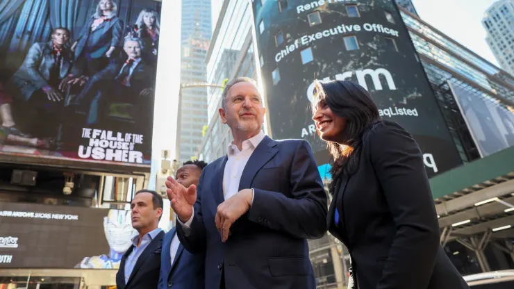 Arm CEO Rene Haas gestures, as Softbank's Arm, chip design firm, holds an initial public offering (IPO), outside Nasdaq Market site in New York, U.S., September 14, 2023. REUTERS/Brendan McDermid